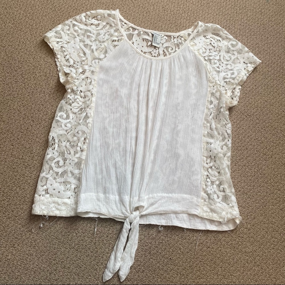 Forever 21 White Tie Front Lace Back Cropped Top